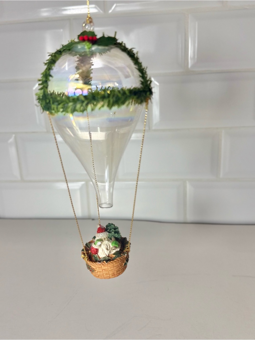 Vintage 1970s Blown Glass Hot Air Balloon Christmas Ornament Santa In Basket MCM